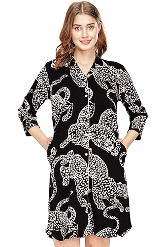 Image of ZEYO Women's Cotton Night Dress Leopard Printed Knee Length Night Gown 5791