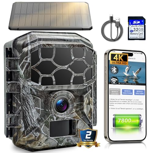 Wildkamera Solar WLAN mit Handyübertragung App 7800mAh Akku - 4K 60MP Wildtierkamera Bluetooth mit Bewegungsmelder Nachtsicht, 32GB SD-Karte, Nachtsichtkamera 0,1s Auslösezeit, IP66 Wasserdicht