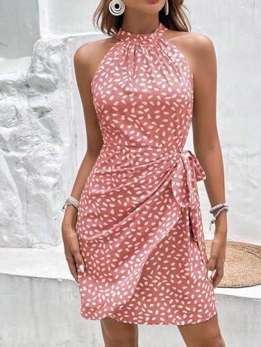 Image of LIGHT DOT Women's Summer Dress Dot Print Halter Neck Tie Waist Casual Zipper Back Sundress Vacation Outfits