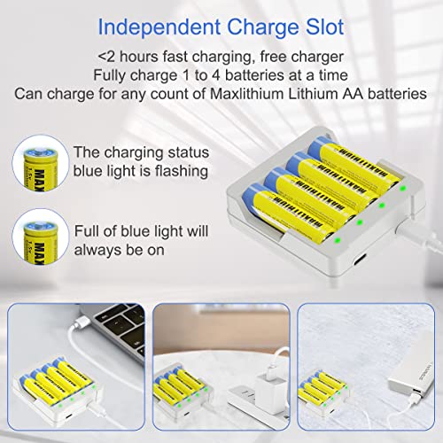 Maxlithium 1.5V Aa Lithium Rechargeable Batteries 2520Mwh, 1500 Cycles Lithium Aa Batteries Rechargeable With 2H Fast Charging, 4 Count With Charger #TOP1