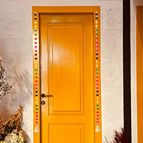Image of DSCYENTES Pom Pom Door Side Hangings for Decoration, Ganesh Chaturti Decoration, Wall Hanging for Main Entrance,Temple Pooja Room, Stylish & Handmade Diwali Hanging (4 Feet, 2 Pc's)