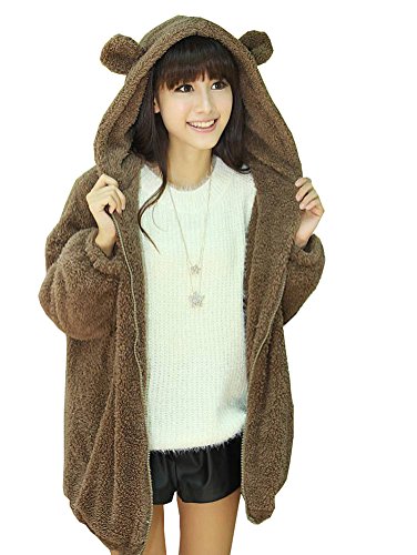 GGTFA Blusas Lindo Jersey Oso Oído Sudadera con Capucha Holgada Esponjoso Cremallera Sudaderas Abrigo con Capucha Chaqueta Outwear Brown