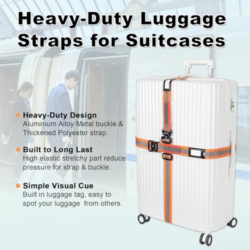Image of Vigorport Luggage Straps for Suitcases 2 Pack, Heavy Duty Metal Buckle Luggage Belt Strap, TSA Approved Suitcase Belt, Stretchable Travel Strap for Luggage (Orange, 72''L & 79''L)
