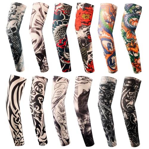 YARIEW Tattoo Sleeves for Men, 12Pcs Fake Tattoos Sleeves to Cover Arms Sleeve Tattoos for Women Cooling Sun Protection Tribes Skulls Patterns