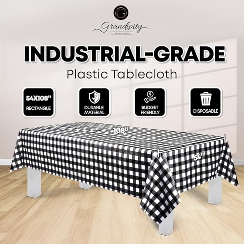 Image of Grandipity 24 Pack Premium Disposable Plastic Tablecloth 54 Inch. x 108 Inch. Decorative Rectangle Checkered Table Cover - Black Checkered Gingham