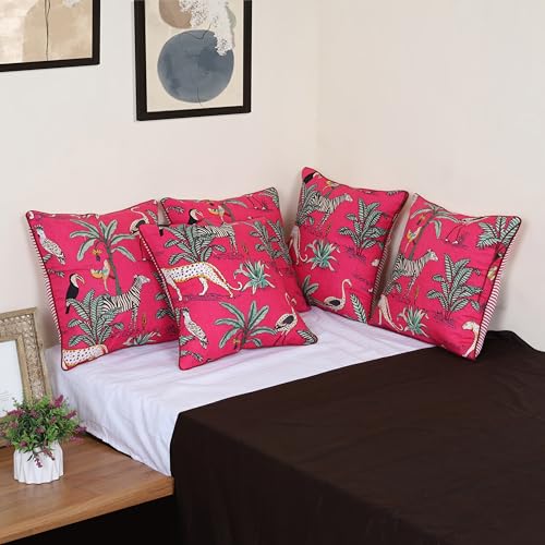Image of Pink Cushion Covers 16x16 inch Set of 5 Animal Theme Printed Cotton Decorative Cushion Covers 40 cm x 40 cm Pack of 5