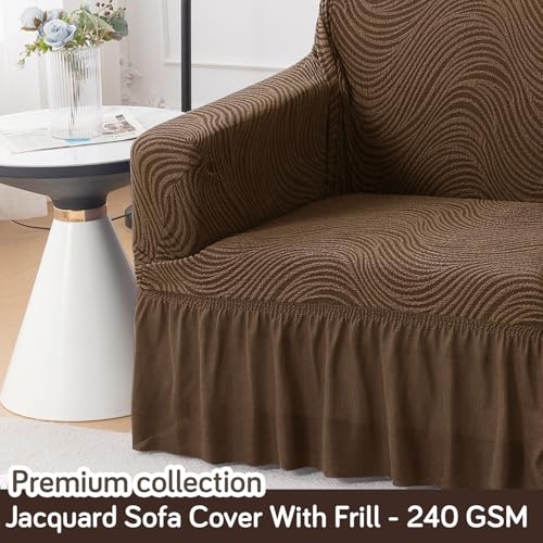 Image of HOKIPO 240 GSM Premium Jacquard Fully Covered Stretchable Frill Sofa Cover for 1 Seater, 'Serene Wave Series' Pecan Brown (AR-6352-BR)