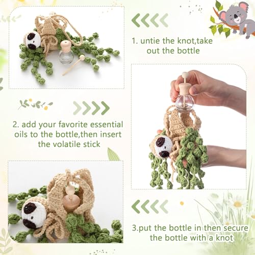 Image of DaisyInner Cute Crochet Plant Car Freshener 12ml Empty Refillable Diffuser Bottle with Plants Hanging Accessories for Ornaments Charms Rearview Mirror Home Office Decor Women Gifts(Sloth)
