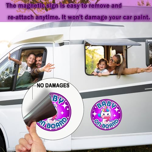 Image of Baby on Board Magnet for Car, Reflective Babies on Board Magnetic Sticker Car Sign, 3 Pack Waterproof Kids Safety First Warning for Parents (Purple Unicorn)