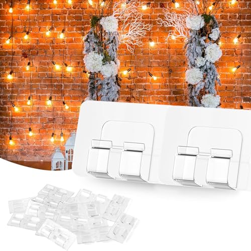 cyindzchwy Hooks for Outdoor String Lights Clips, 20Pcs Heavy Duty Light Hook with Adhesive Strips, Outside Clear Cord Holders for Hanging Christmas Halloween Lighting, Patio Decor