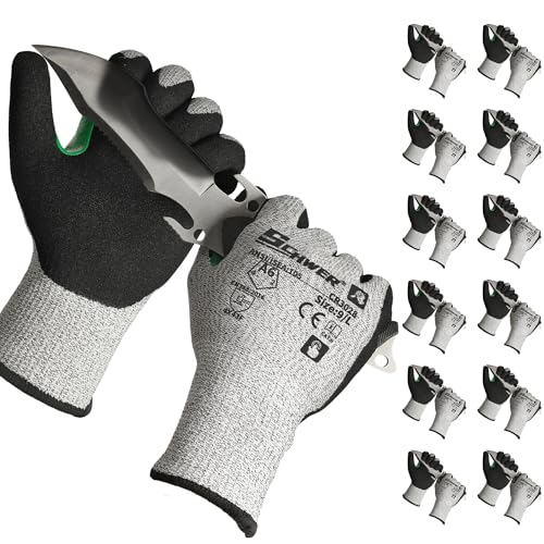 12 Pairs ANSI A6 Cut Resistant Work Gloves, Cut Proof Gloves with Sandy Nitrile Coating, Reinforced Thumb Work Gloves Used for Metal Fabrication, WoodWorking, Construction, Non Slip, Durable, L,CR3028