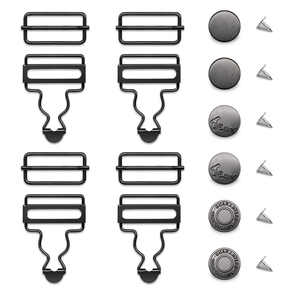 Jamsinmu Dungarees, button and buckle Set – 4+6PC Overalls Buckles Metal Adjustable Suspenders Clips with Suspender eyelets 25mm, Gun Black, 32mm*4