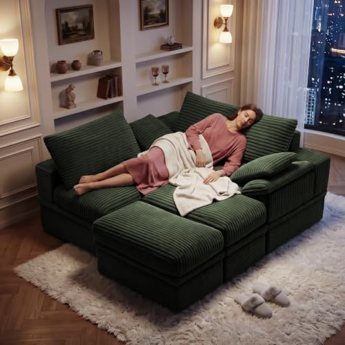 107" Modular Sectional Sofa Boneless Couch with Storage,U-Shape 3 Seat Comfy Modern Cloud Couch Sofa with Ottoman, 27" Deep Seat Corduroy Sofa for Living Room, Tool-Free Assembly - Green - image 7