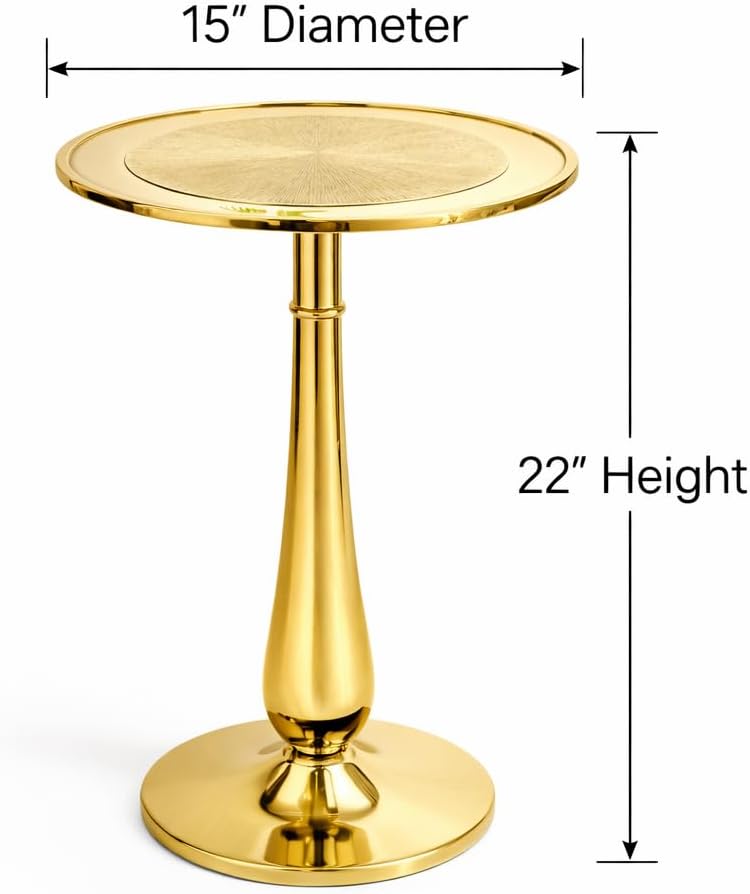Gold Round End Table Modern Metal Accent Side Table with Embossed Top & Pedestal Base for Living Room, Bedroom, Entryway or Hallway, Electroplated Aluminum Design 15" x 22" Inch