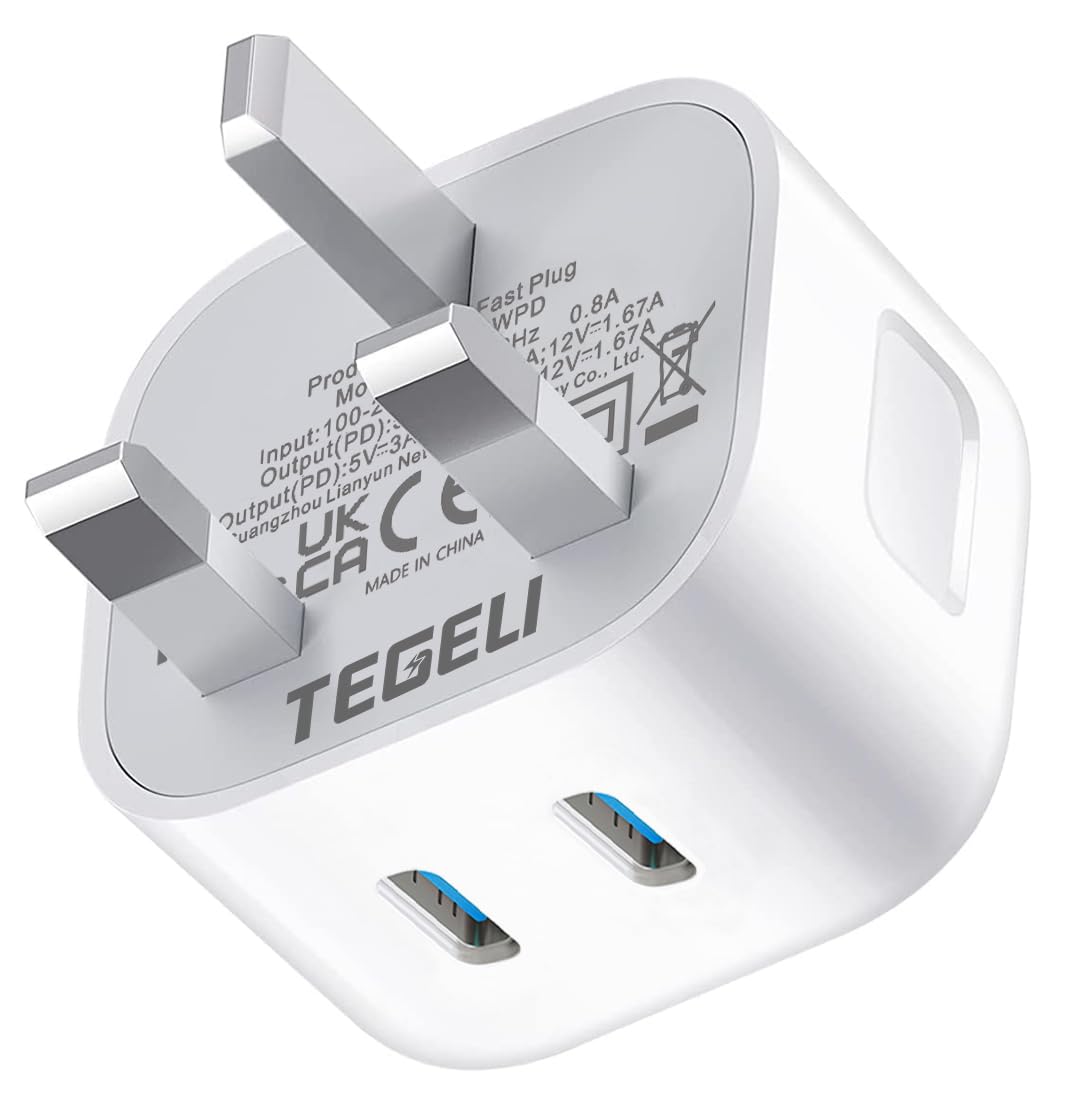 USB C Plug Fast Charge,20W Dual USB Type C Charger Plug for iPhone USB C Plug Adapter UK 20W/9V Fast Charging for iPhone 14/14 Pro/13/13 Pro/12/12 Pro/11/iPad Multi USB-C Port Wall Plug