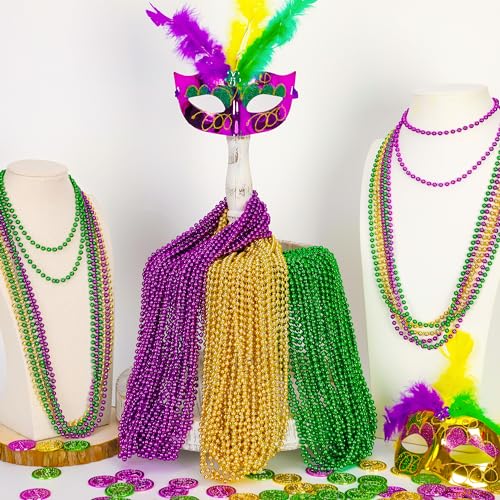 Image of EOBOH 12PCS Mardi Gras Beads, Green Purple Gold Mardi Gras Metallic Costumes Necklaces Bulk, Mardi Gras Beads Necklace Costumes Accessory Sets for Parade Throws Party Decorations Favor Supplies