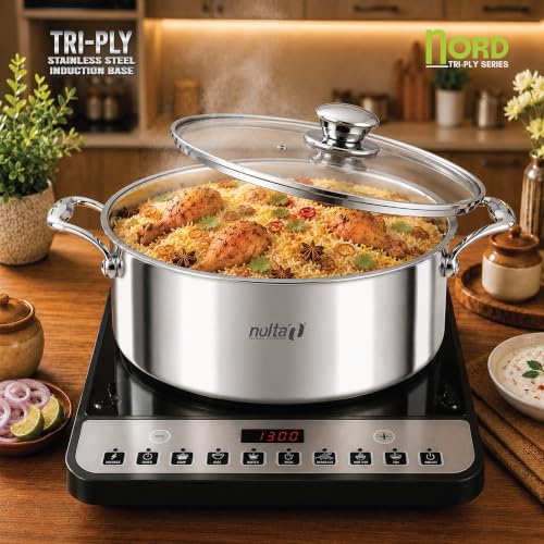 Image of NOLTA 3.5L Triply Biryani Pot, Induction Base, 5yr Warranty, ISI Certified | Heavy Bottom, 100% Food Safe, Consumes Less Oil, Biriyani Handi / Curry / Stew Pot with Glass Lid (24cm dia)