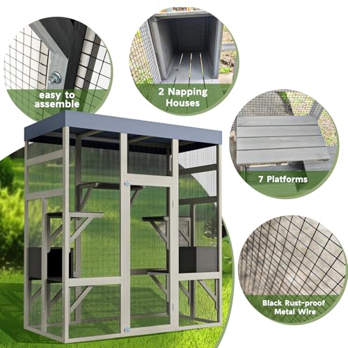 70” Catio Outdoor Cat Enclosure, Large Wood Cats House, Catio Window Cat Enclosure, Jumping Platform & 2 Napping Resting Box