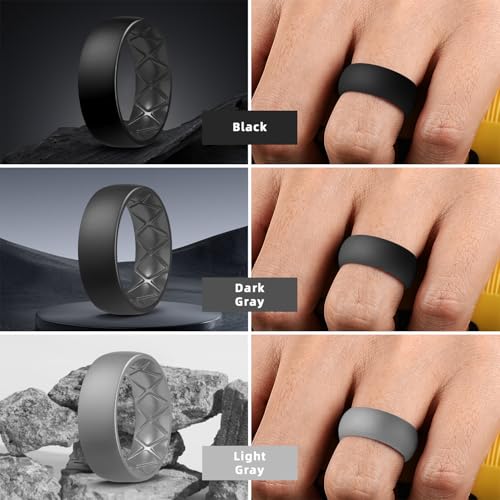 Egnaro Men's Silicone Rings 8mm Wide 2.5mm Thick, Multipack Ergonomic Rubber Wedding Bands For Him, Breathable Grooves For Workout3