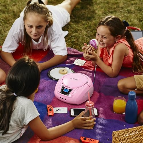 Image of LONPOO CD Player Portable Boombox with FM Radio /USB /Bluetooth /AUX Input and Earphone Jack Output, Stereo Sound Speaker & Audio Player,Pink