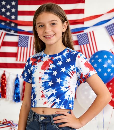 Image of Tkria Girl Crop Tops July 4th Crewneck Tshirt American Flag Patriotic USA Flag Girls Outfit Clothes Size 6-14