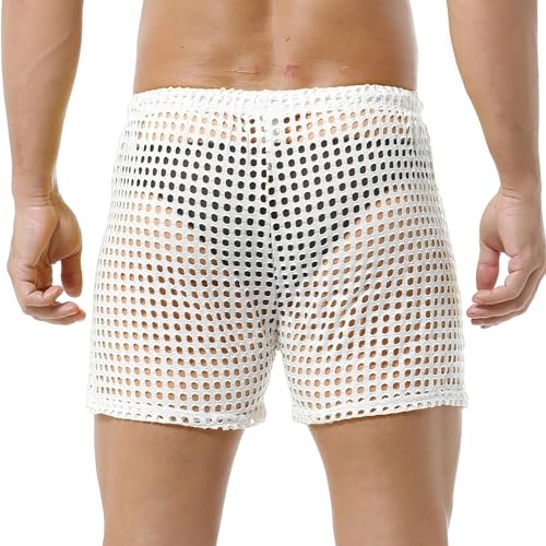 Mens Hollow Boxers Briefs Shorts Trunks See Through Underwear with Drawstring Breathable Workout Bulge Pouch4