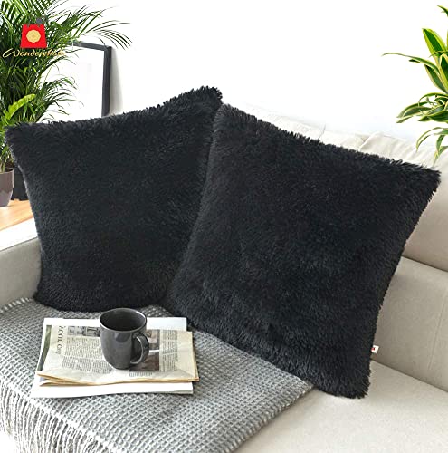 Image of Black Square Cushion Cover Fur Pillow Cases Set of 2 with Zipper 12x12 inch / 30cm x 30cm