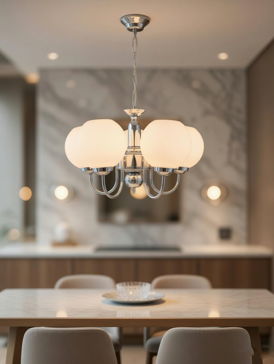Weldecor Modern Hanging Chandelier Jhumer Light 5 Globe | Chrome Ceiling Pendant Lamp | Glass E27 LED Compatible | Decorative Lighting Fixture for Dining Room, Living Room, Bedroom, Hall — Silver-image-26