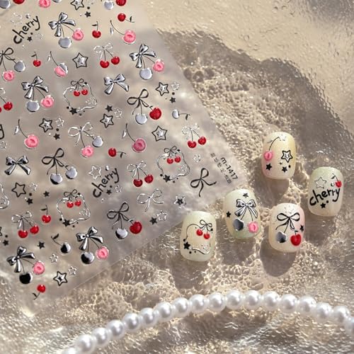 Image of Cherry Bow Nail Stickers Silver Nail Decals 5D Embossed Self Adhesive with Star Design DIY Manicure Cute Charms Supply Decoration for Women 1 Sheets