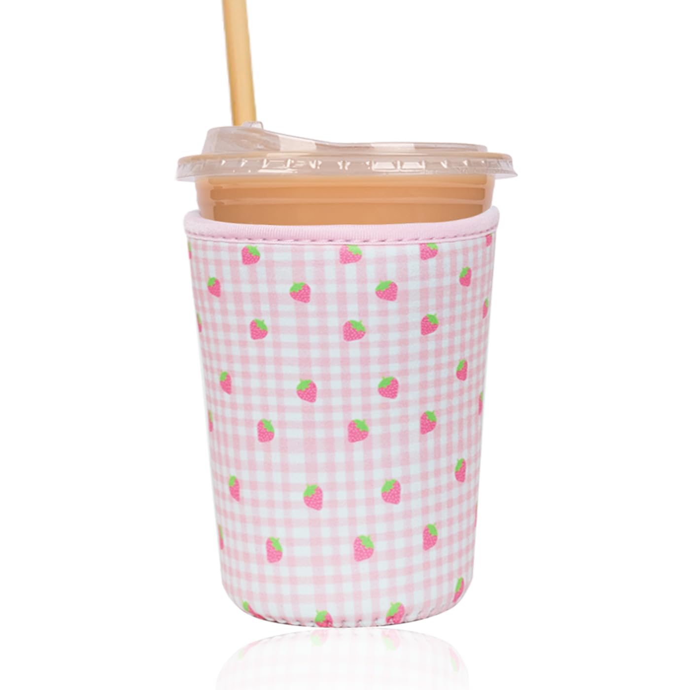 Reusable Insulated Sleeve for Iced Coffee Cup, Coffee Neoprene Sleeve for Cold &amp; Hot Drinks, Beverage Holder for Iced Coffee (Strawberry Grid, Medium: 22-24oz)
