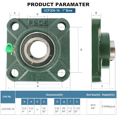 Image of 4 Pack UCF205-16 Pillow Block Bearing - Square Flange 4 Bolt Bearing - Bearing Steel with 1 inch Bore - Self Alignment (UCF205-16)