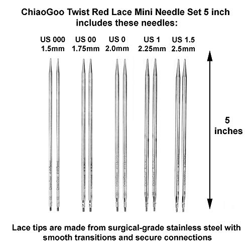 Chiaogoo Twist Red Lace 5-Inch Mini 7500-M Interchangeable Circular Needle Set, Sizes Us 000, 00, 0, 1, 1.5 With 3 Cords, Connectors, Stitch Markers, Stoppers Bundle With 1 Artsiga Crafts Project Bag #TOP2