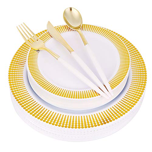 Supernal 150pcs Gold Plastic Dinnerware,Gold Rim Plastic Plates,Gold Plastic Cutlery with White Handle,Plastic Party Plates,Gold Plastic Silverware,Suit for 30 Guest,Party,Wedding