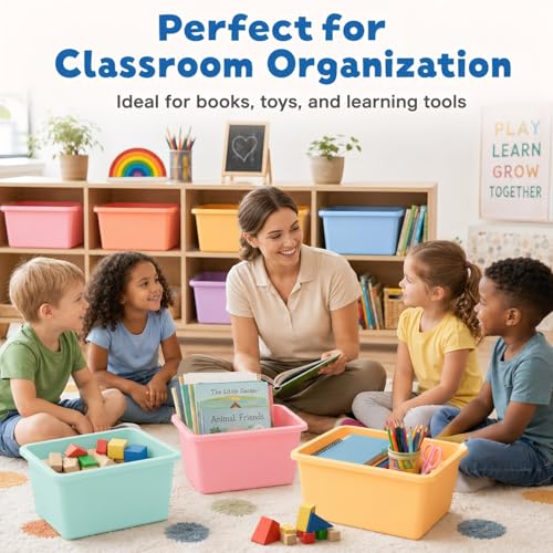 6 Pack Plastic Cubby Bins for Classroom Stackable Book Bins Plastic Classroom Cubby Organization Storage Containers Toy Storage Cubbies for Library School Office Home Nursery Playroom (Pastel) by CHUNNIN - Used condition - Image 5