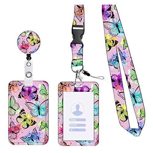 Porte Badge Tour de Cou badge avec Porte-cartes Lanyard Strap Neck avec Swivel Lobster Clasp, pour Porte Badges d'Identification, Téléphone Portable, Clés, Caméra (papillon rose) Cover