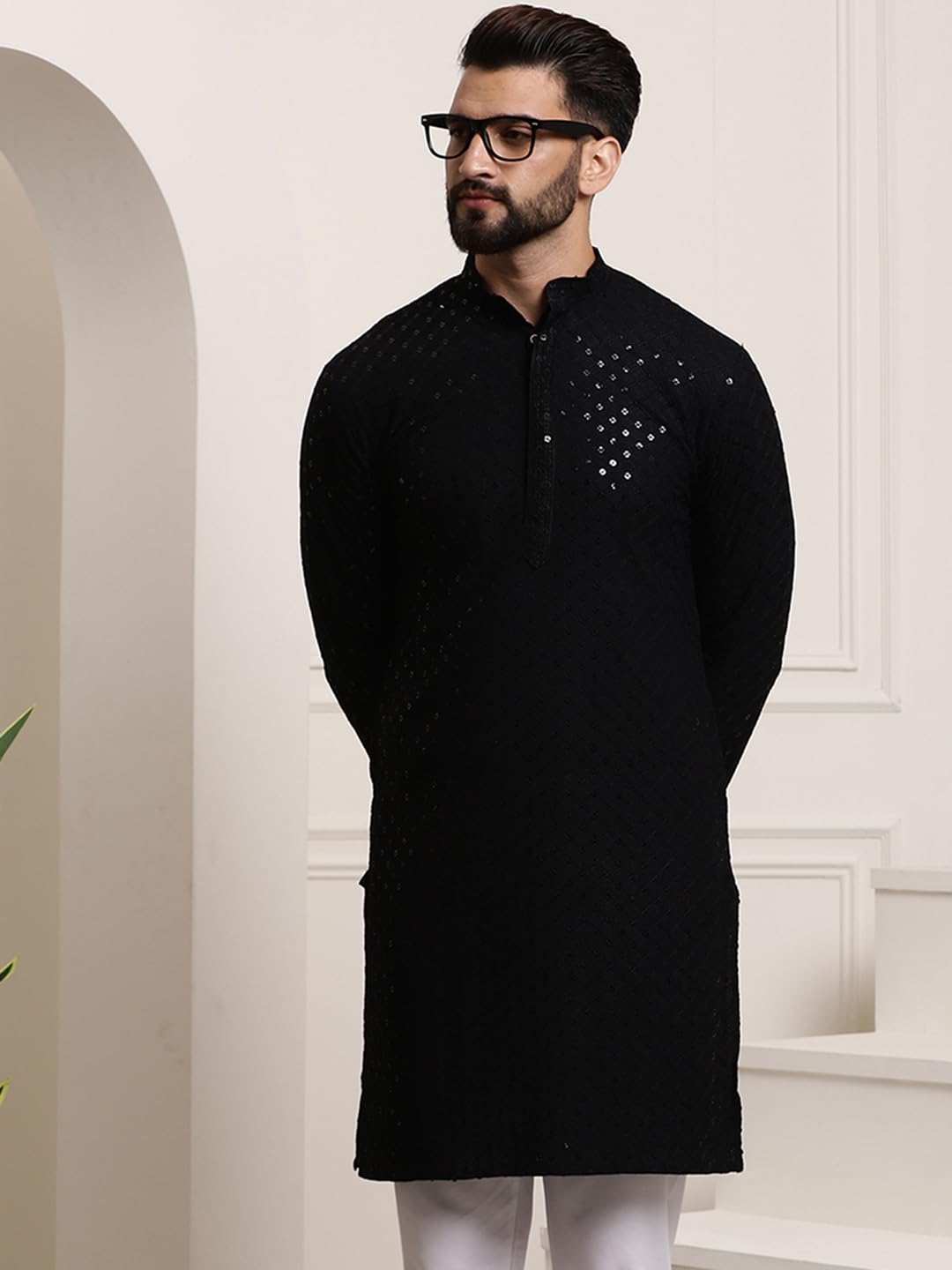 Sojanya (Since 1958 Men's Pure Cotton Black Sequence Long Kurta