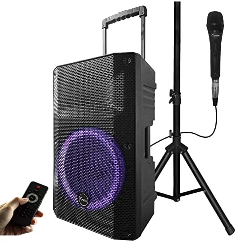 EXOTON 12 Inch DJ Speaker for Party,Portable PA Speaker,1200W Active Bluetooth Loudspeaker with Microphone Remote Control Tripod Stand, Flashing Party Lights & FM Radio,Indoor and Outdoor