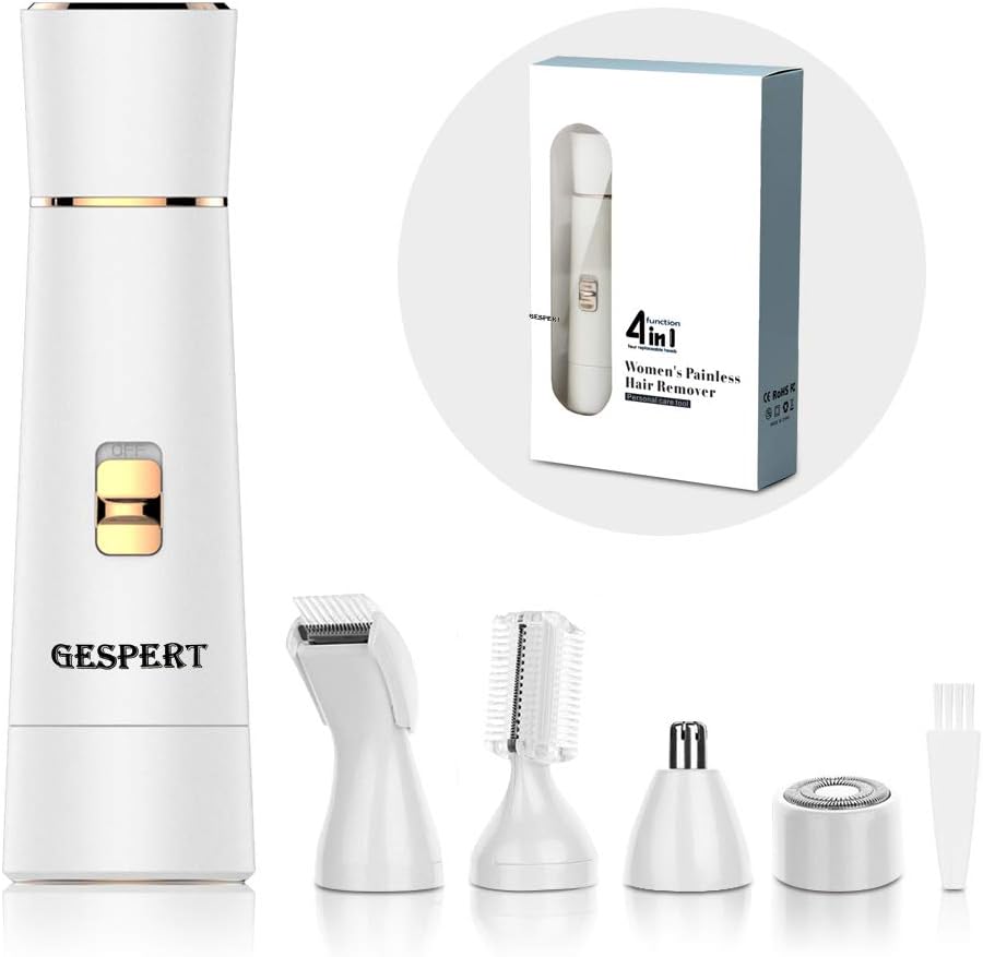 Hair Removal Bikini Trimmer for Women, GESPERT 4 in 1 USB Rechargeable Painless Cordless Body Hair Trimmer for Bikini Area Nose Armpit Arm Leg Eyebrow and face (White)