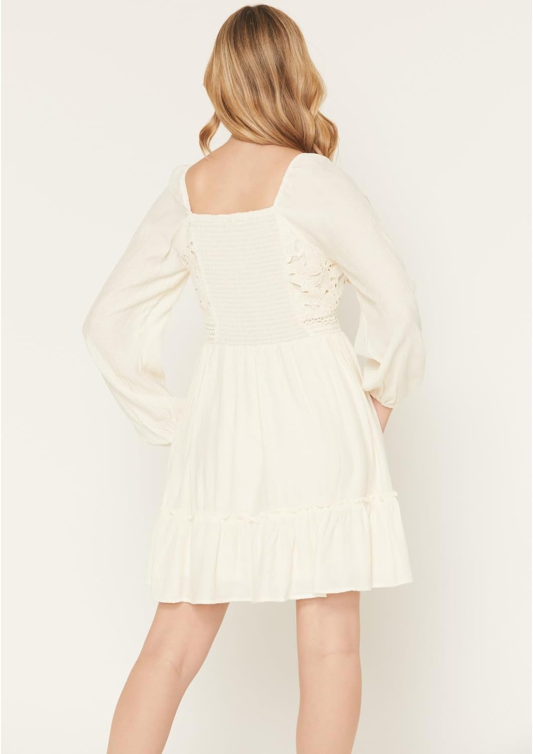 Shyanne Women's Crochet Lace Long Sleeve Mini Dress Cream US - Image 4