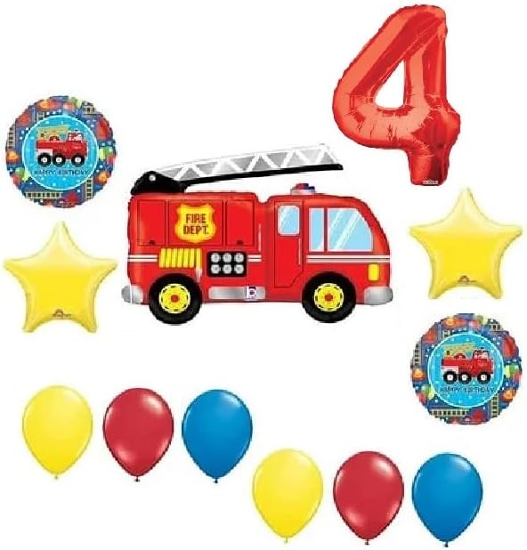 Firetruck Fire Truck Engine Rescue 4th #4 Happy Birthday Celebration 12 Piece Party Ballloons Set
