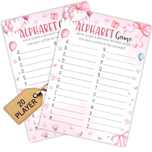 Image of Pink Slumber Party Games Card - Coquette Pink Bow Themed Sleepover Slumber Party Supplies- Sleepover Stuff- Birthday Night Games Creative Idea -Alphabet Game- 20 Game Cards