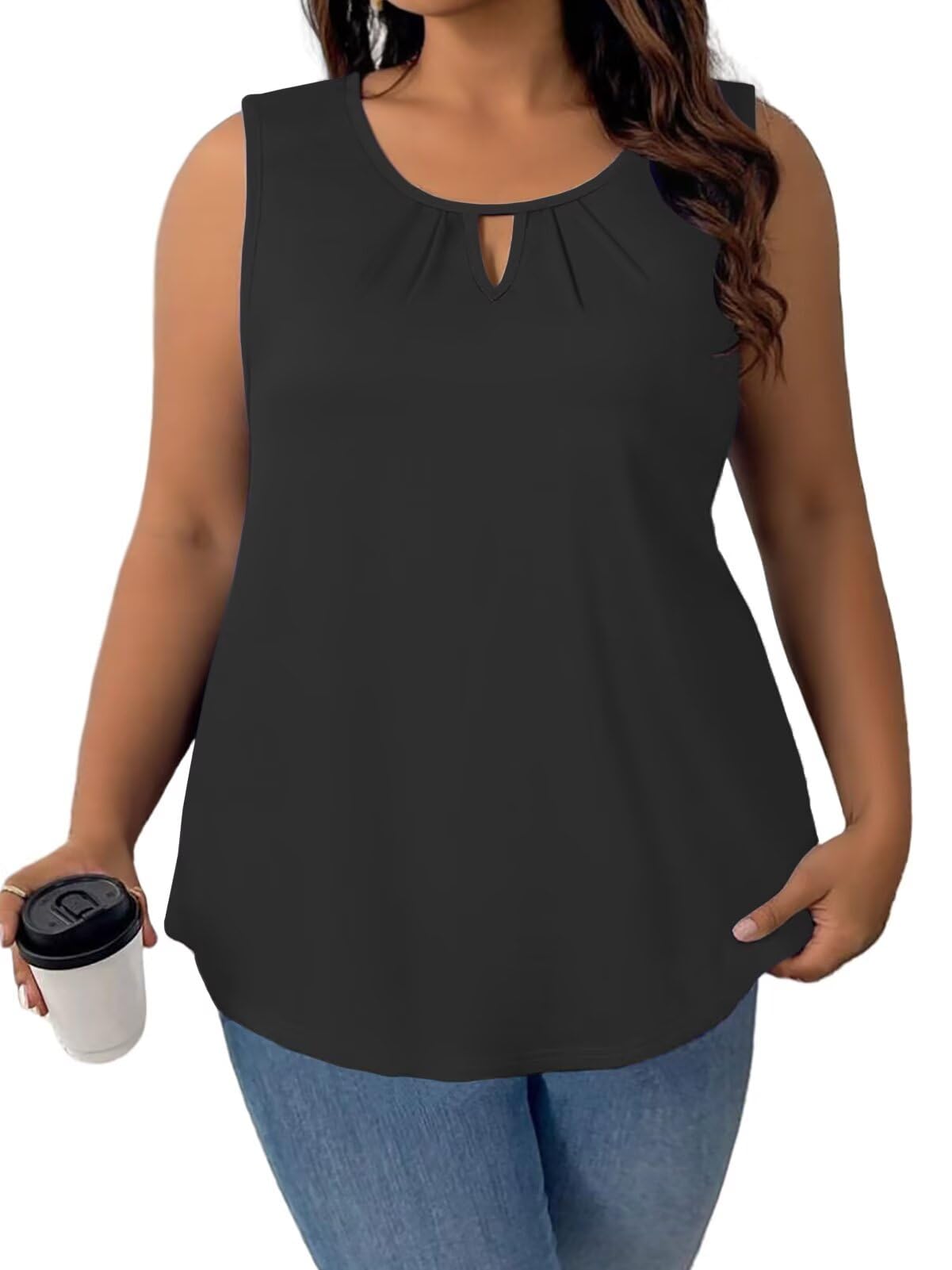 DOLNINE Plus Size Tank Tops for Women Summer Dressy Casual Sleeveless Blouses Loose Fit Keyhole Pleated Crewneck Work