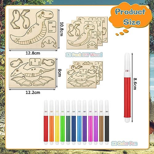 tiopeia 12 Stück Dinosaurier Holz Bastelset für Kinder Drachen Geburtstag,3D Puzzle Holz zum Bemalen und Basteln DIY Dino Holzbastelsets Kreative Kinderspielzeug Bemalen Handwerk für Jungen Mädchen