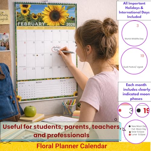 Image of 2026 Wall Calendar | Size - 12x17 Inch with Motivational Quotes,Holidays Mentioned | 220 GSM Thick Paper | Wiro Bind | Notes, Scheduling and Planning For Home Office School Hanging (Nature & Floral Planner)