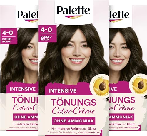 Palette Tönungscreme 4-0 Dunkelbraun (3 x 115ml), temporäre Coloration ohne Ammoniak für eine schonende Grauhaarabdeckung, Haarfarbe für schrittweises Auswaschen, hält bis zu 28 Haarwäschen