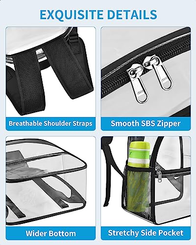 paxiland clear backpack stadium approved 12126 with reinforced and wider shoulder straps small clear bag for schools concerts work festivals and sporting events - black