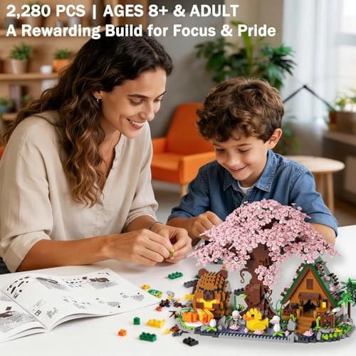 Image of SKY LINE OCEAN Capybara Cherry Blossom Bonsai Tree House Building Set, 2280+ PCS Micro Mini Blocks, Cute Animal Sakura Cabin DIY Kit, Desk Decor Craft Toy for Ages 14+ | 5 Year Structural Warranty