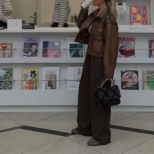 Dawery Khaki Long Sleeve Faux Leather Crop Jackets Women Winter Vintage Pocket Coat Female Warm Autumn Winter Streetwear4