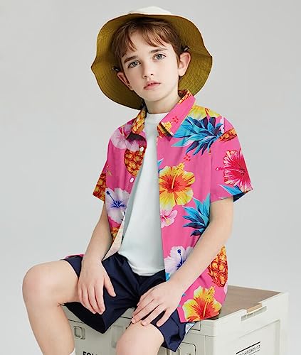 Hawaiian Shirts Boys Girls Size 9 10 Pink Pineapple Flowers Button Down Short Sleeve Blouse Floral Dress Shirt Tops For Son Daughter Granddaughter 9T 10T #TOP3