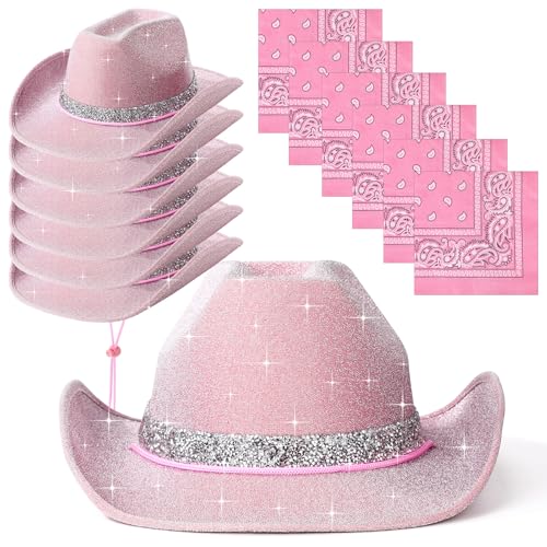 Image of Coume 12 Pcs Sparkly Adults Cowboy Hat and Bandanas Women Men Western Glitter Cowgirl Party Hats with Adjustable Drawstring